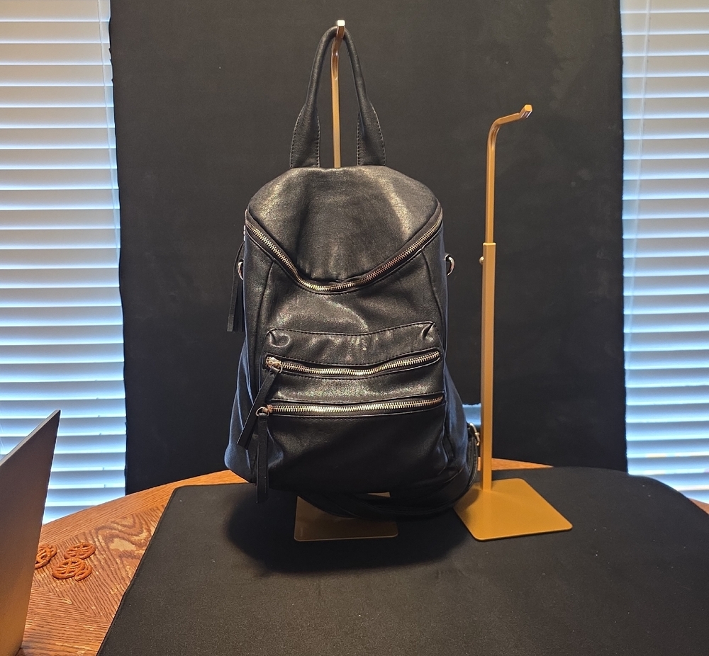 MMS Design Studio Black Leather Backpack with Front Zip Pockets